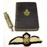 RAF AM marked survival whistle with set of Kings Crown pilots wings RAF 1944 dated bible signed by