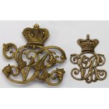 Victorian 'VR' large gilt officers badge, and a smaller version (this lacking its lugs) (2)