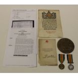 BWM & Victory Medal (62600 Pte H Wiseman KOYLI) + Death Plaque named Harold Wiseman, and Casualty