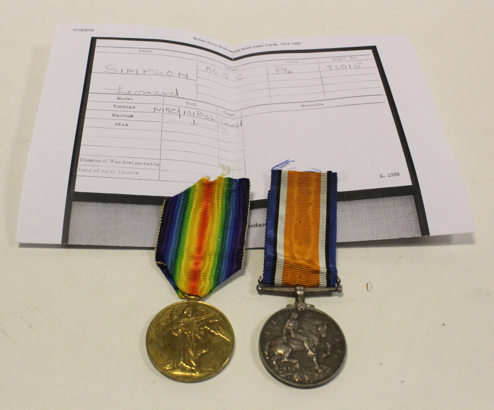 BWM & Victory Medal to 82015 Pte L Simpson MGC. GVF (2)