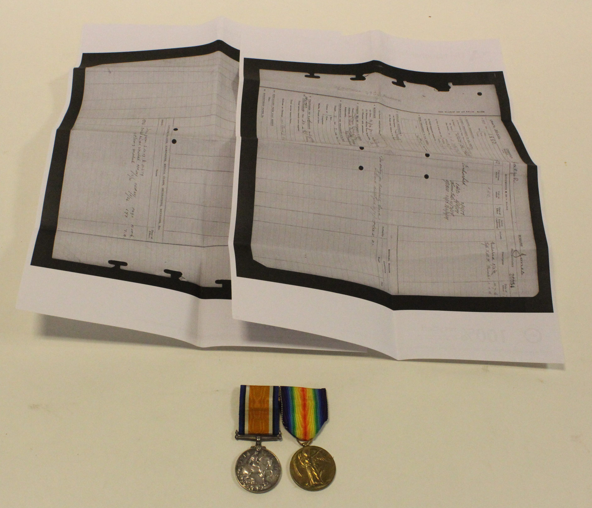BWM & Victory Medal to 36054 1.A.M. R Jones RAF. With copy service papers, from Sutton Coldfield ?