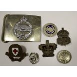 Royal Tank Corps Kings Crown dress belt buckle with selection of lapel and pin badges, ARP Home