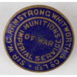 Badge - Sir W.G. Armstrong Whitworth & Co. Ltd., Munitions of War Imperial Service badge No. 1458