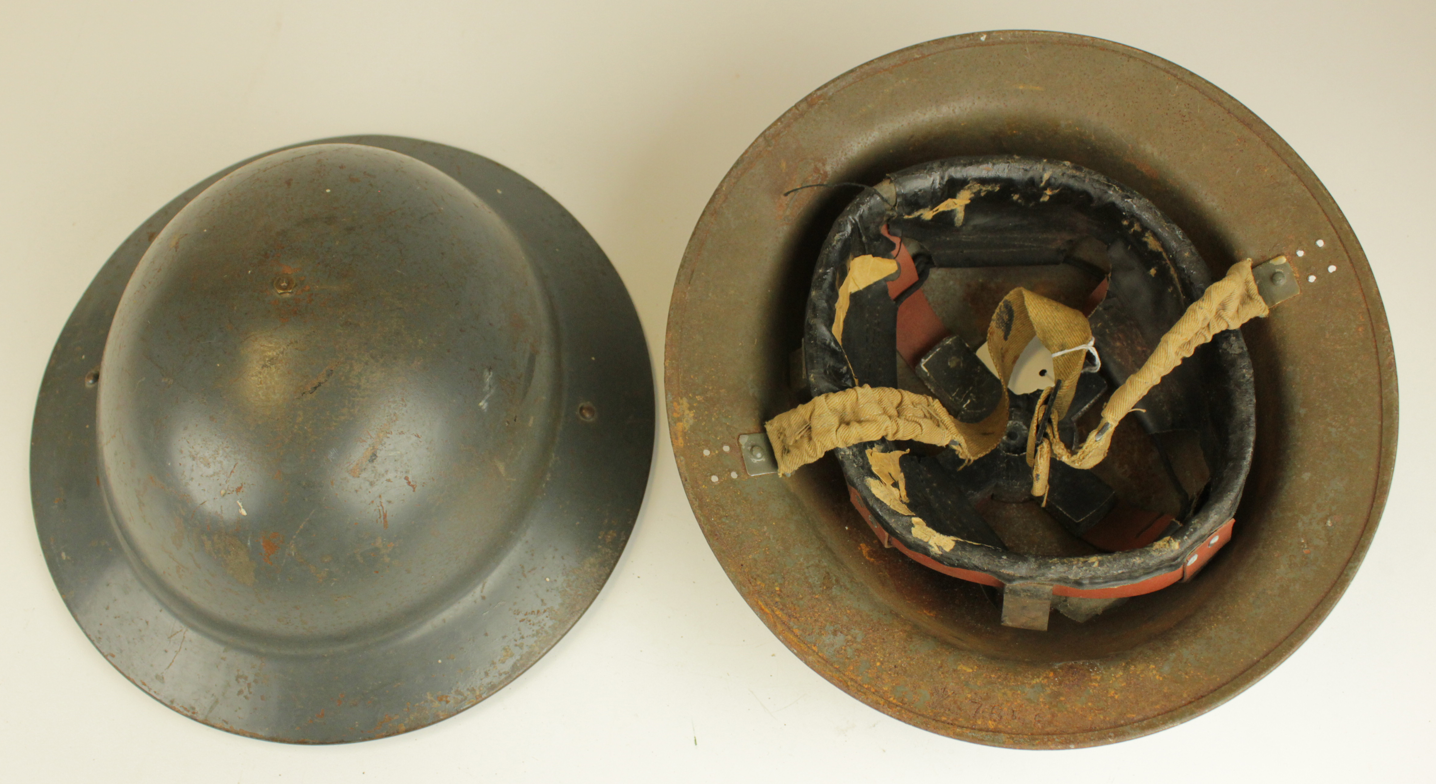 British WW2 blue RAF Helmet with liner and chin strap, plus an Army helmet with liner and chin strap