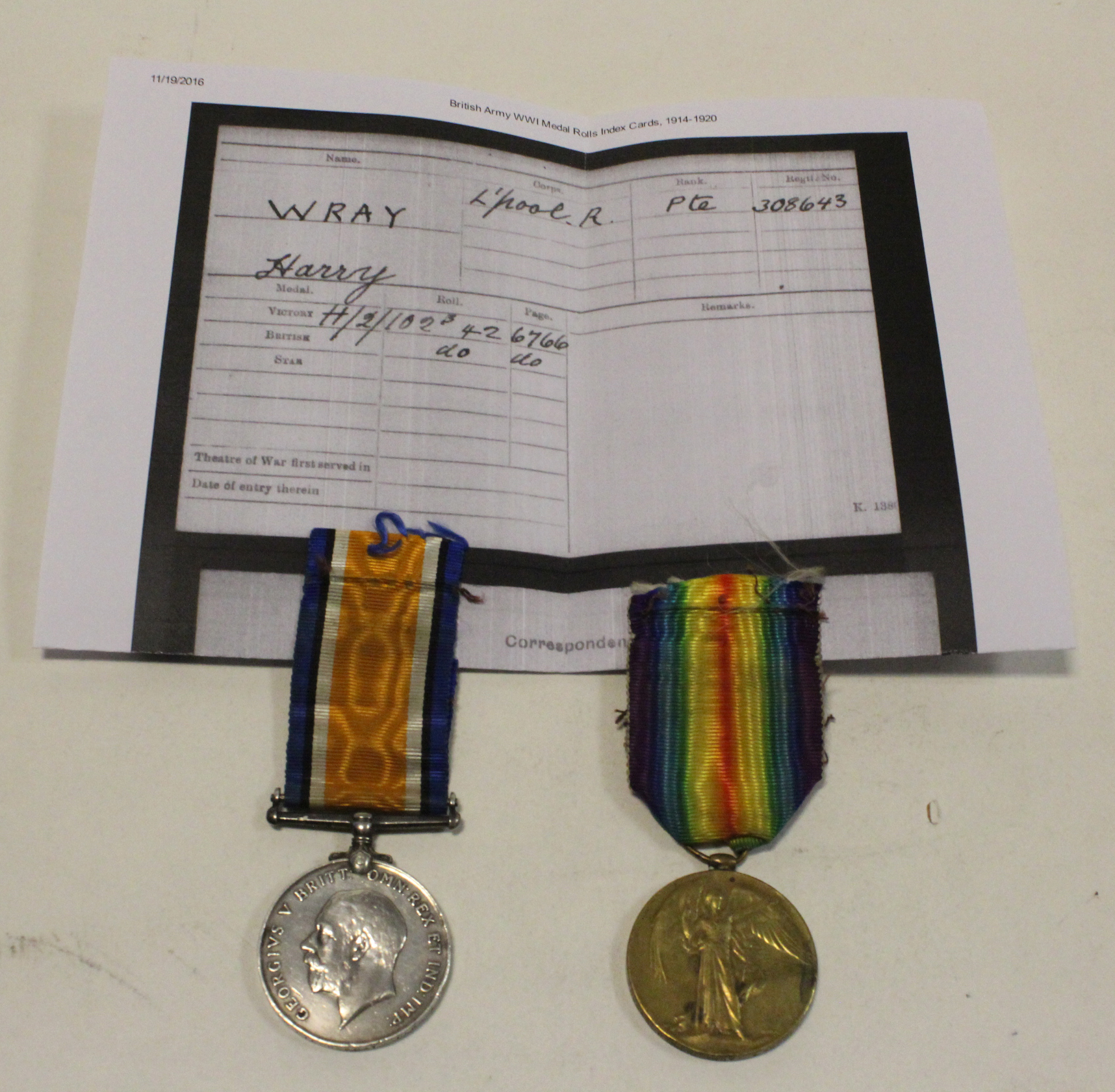 BWM & Victory Medal to 308643 Pte H Wray Liverpool Regt (2)