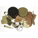 WW2 military equipment tub full including easco life belt, lights, officers pouches, holster, hats