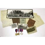 WW2 F&G group of three medals with Soldiers service and pay book, release book, group photo, service