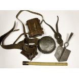 WW1 military equipment including binoculars in case Sam Brown, wire cutters, Cavalry mess tin