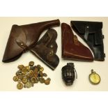 Various Miltaria inc 4x Holsters, a small bag of Cap Badges & Buttons, a No36 Grenade, a Mark II