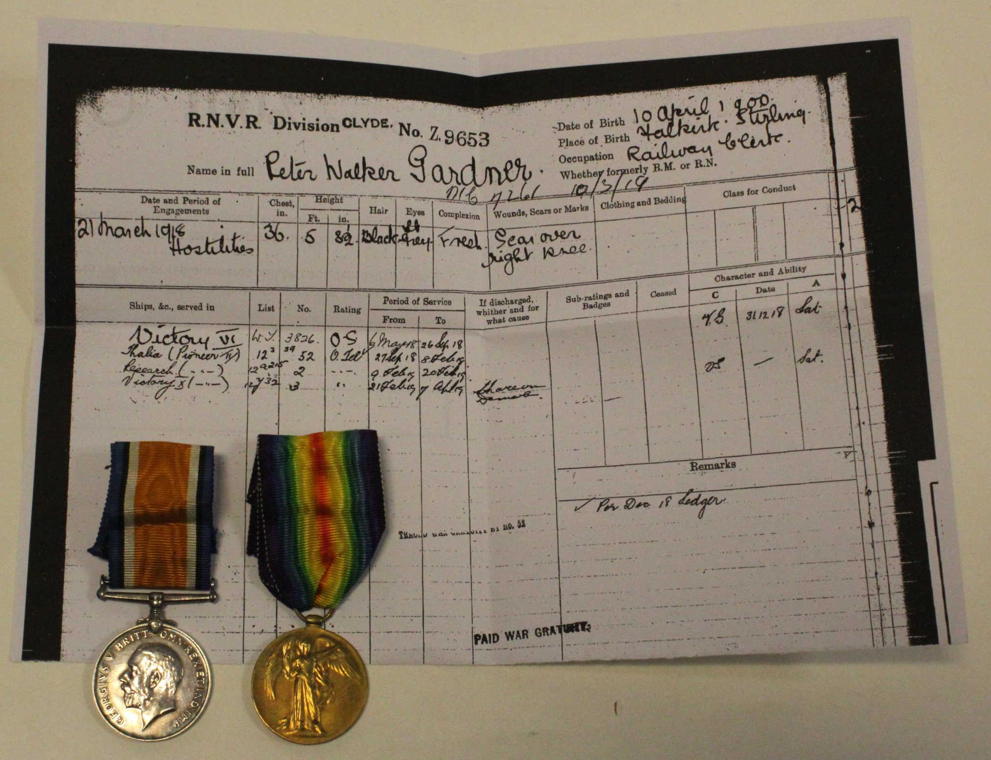 BWM & Victory Medal to C.Z.9653 P W Gardner O.TEL RNVR. With copy service papers, born Falkirk,