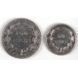 Portugal silver (2): 50 Reis 1889 GVF light scratch, and 100 Reis 1889 VF