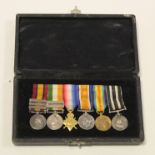 Miniature medal group mounted as worn - QSA with bars CC/OFS/Tr, KSA with bars SA01/SA02, 1915