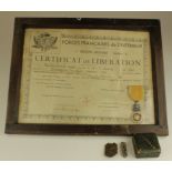 A framed French Resistance Medaille Militaire 'Certificate de Liberation' to Andre Vandenbusch (born