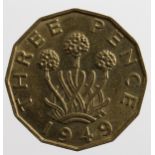 Brass Threepence 1949 GVF with a trace of orignal brilliance still remaining