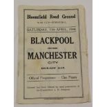 Blackpool v Manchester City 15 April 1944 War Cup Semi Final at Bloomfield Road, programme