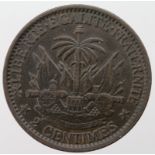 Haiti large bronze 2 centimes, 1881, EF
