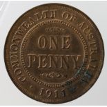 Australia Penny 1911 aUnc with much lustre but with a small verdigis patch on reverse
