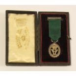 Volunteer Officers Decoration VR with top ribbon pin clasp. Cased, unmarked miniature medal. EF