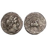 Roman Republican silver denarius of Mn.Fonteius C.f., Rome Mint 85 B.C., Head of Apollo, right /