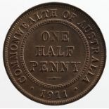 Australia Halfpenny 1911 aUnc with much lustre but with a couple of scratches either side of bust