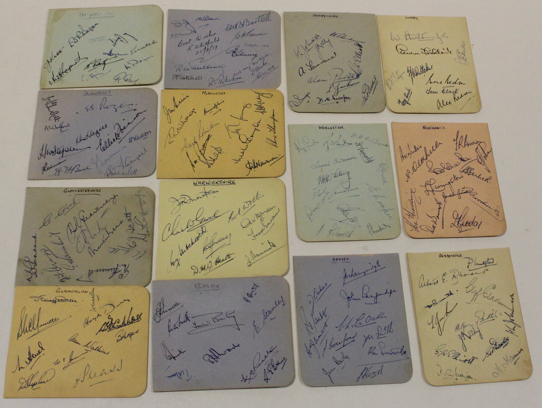 Cricket Team autographs from late 1950's inc Middlesex, Warwickshire, Derbyshire, Hampshire,