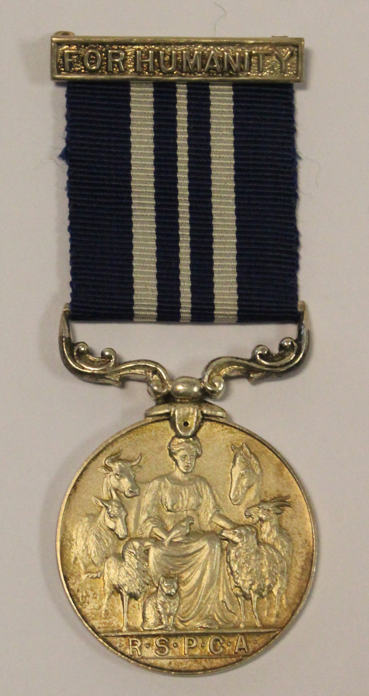 RSPCA Life Saving Medal, unnamed, with 'For Humanity' clasp, silver hallmarked (1968). VF a/f