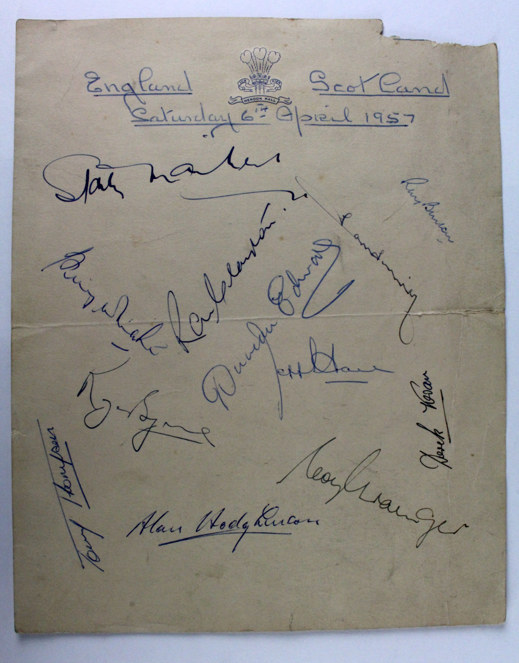 Autographs - England v Scotland 6th April 1957 on headed paper from Headon Hall. Including Duncan