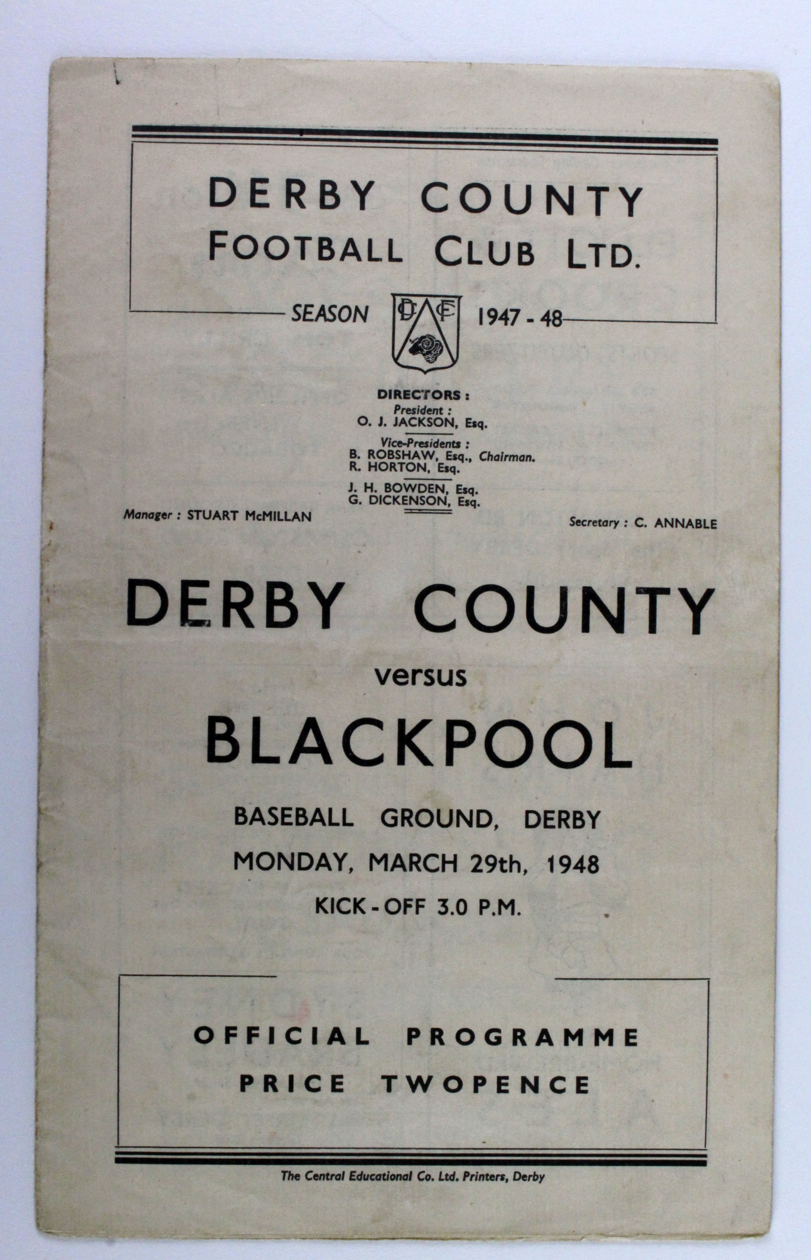 Derby v Blackpool 29th March 1948 Div 1