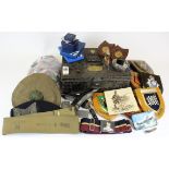 Militaria - large box packed with various items inc parts of uniform, Grenade ashtray ?, etc etc.