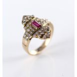 Yellow Metal (tests as 9ct) Ring set with central Ruby surrounded by Diamonds size R weight 5.5