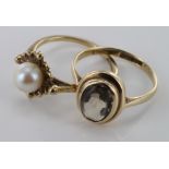 9ct Gold Pearl Ring size K with a Citrine Ring size K weight 3.7 grams