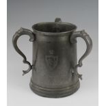 Three handled pewter tankard, engraved to side 'Clare College Senior Trial Eights 1905', glass