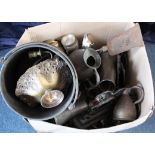 Large collection of brass, copper, cast iron tems etc., including door stops, a coal bucket etc. (