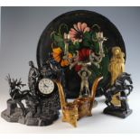Five metal items, comprising, a two stem candlestick holder, religious statue, rearing horse statue,