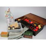 Box of items, including tins, opera glasses, snooker / pool balls, large ceramic figure (damaged),