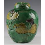 Chinese green ginger jar with lid, with water lily and crane decoration, circa early to mid 20th