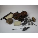 Fishing interest. Three fishing reels, comprising two mahogany and one metal, circa early to mid