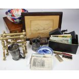 Collection of items including several lighters (Zippo etc.), an oak box, picture depicting H.M.S.