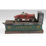 Cast iron racing car 'Racer' money box, length 20.5cm approx.