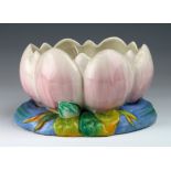 Clarice Cliff Newport Pottery planter in the form of a pink water lily, height 11cm, length 22cm