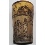 Carved horn beaker, depicting a farm scene with farmers dancing to a fiddle player and children