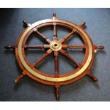 Large mahogany and brass eight armed ships wheel, diameter 114cm approx.