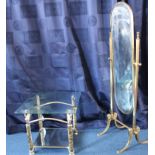 Brass cheval mirror and a glass topped table, (buyer collects)