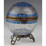 Powder Pot. An unusual spherical shaped glass powder pot, circa mid 20th century, with brass mounts,