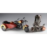 Decorative motorcycle and sidecar, length 38cm, together with a biker holding a motorcycle, in the