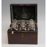 Mahogany apothecary box, circa 19th century, containing six clear glass bottles (five with