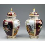 Pair of Dresden jars / baluster vases and covers, hand painted with gilt decoration, circa late 19th