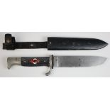 German Hitler Youth Dagger with metal scabbard and leather frog, chip to the enamel of the HY