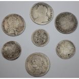 GB Early milled silver (7) shillings and sixpences 17th-19thC mixed grade.