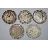 GB Halfcrowns (5): 1817 small head VF edge nick, 1883 Fine, 1887 Jubilee aEF, 1906 VG and 1910 VG